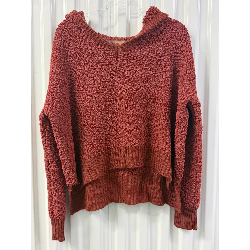 POL Popcorn Knit Hoodie Women Size L Rust Good High-Low V-Neck Sweater POL15